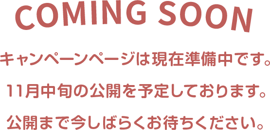 COMING SOON キャンペーンページは現在準備中です。11月中旬の公開を予定しております。公開まで今しばらくお待ちください。